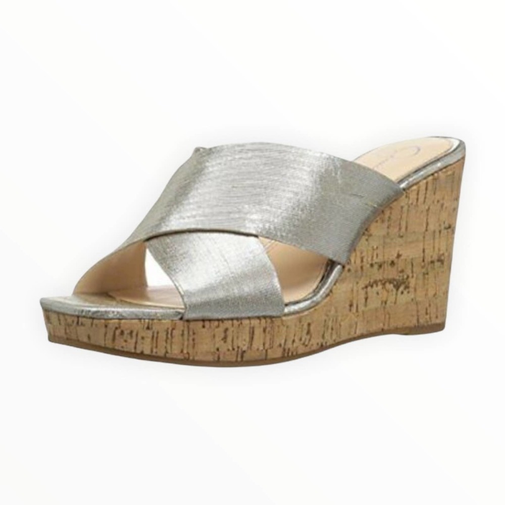 Jessica Simpson Seena Silver Wedges - Crisscross Cork Platform - Size 10